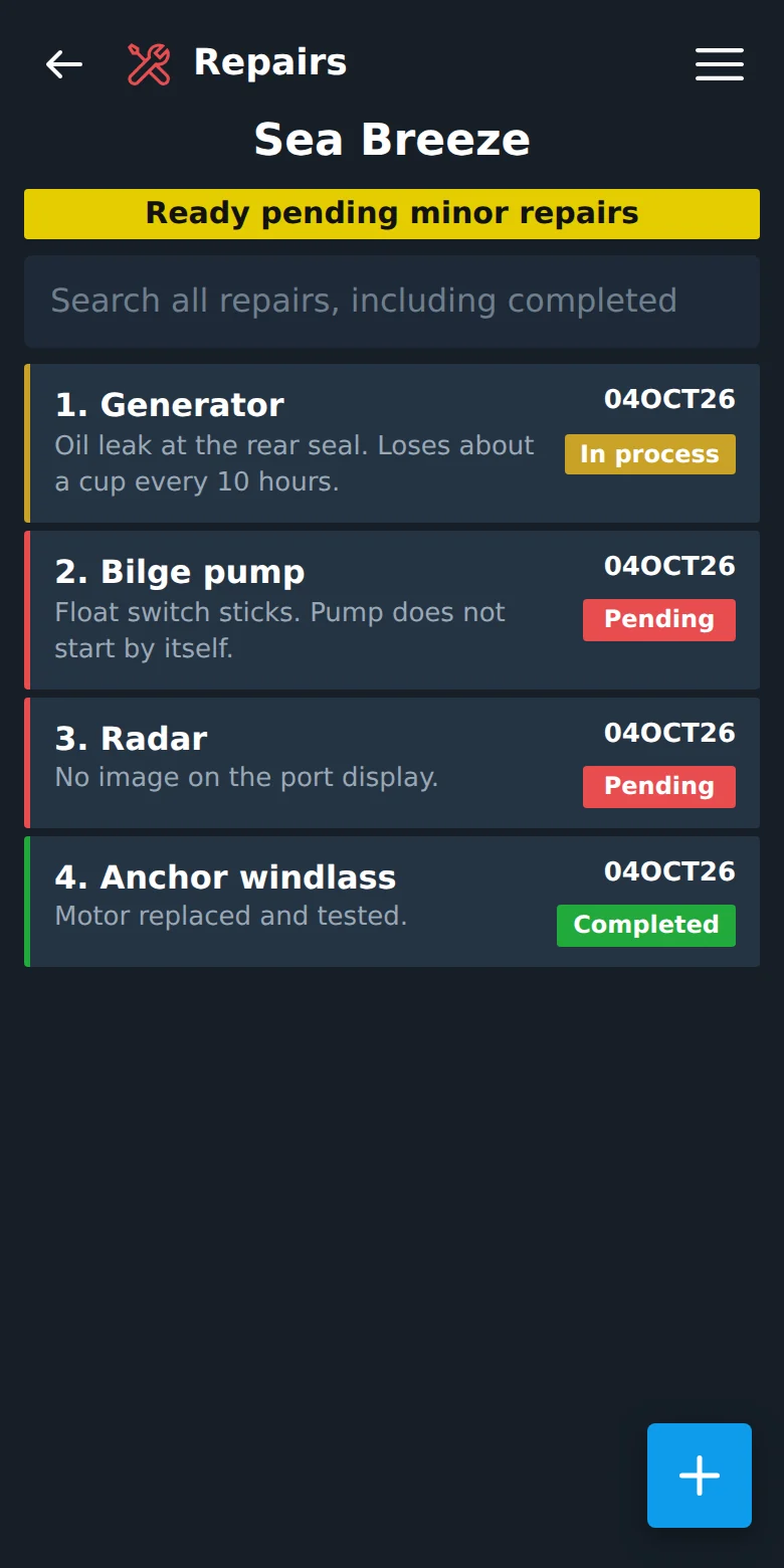 Repairs, with their status